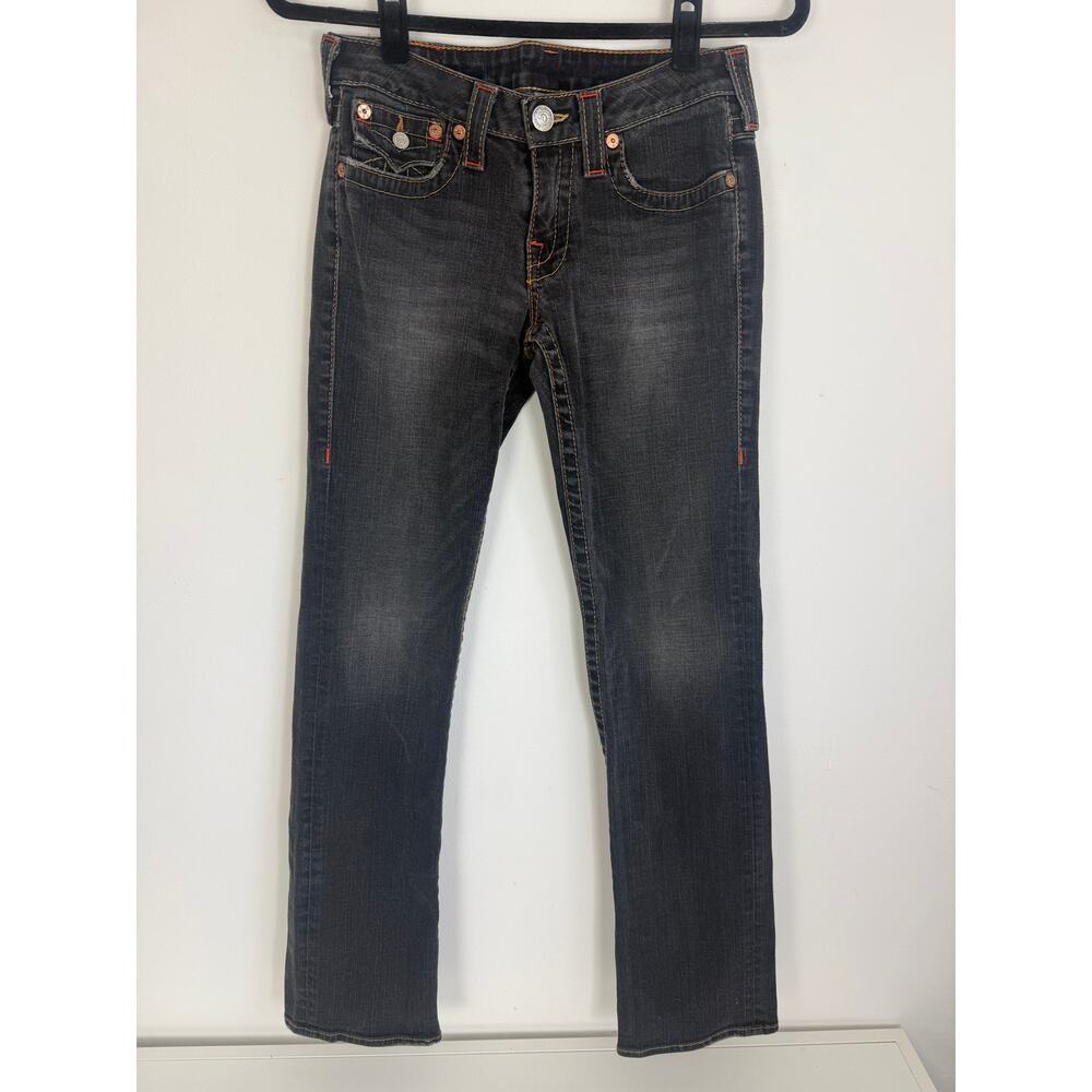 True Religion Womens Dark Wash Bootcut Orange Stitch Low Rise Denim Jeans 29